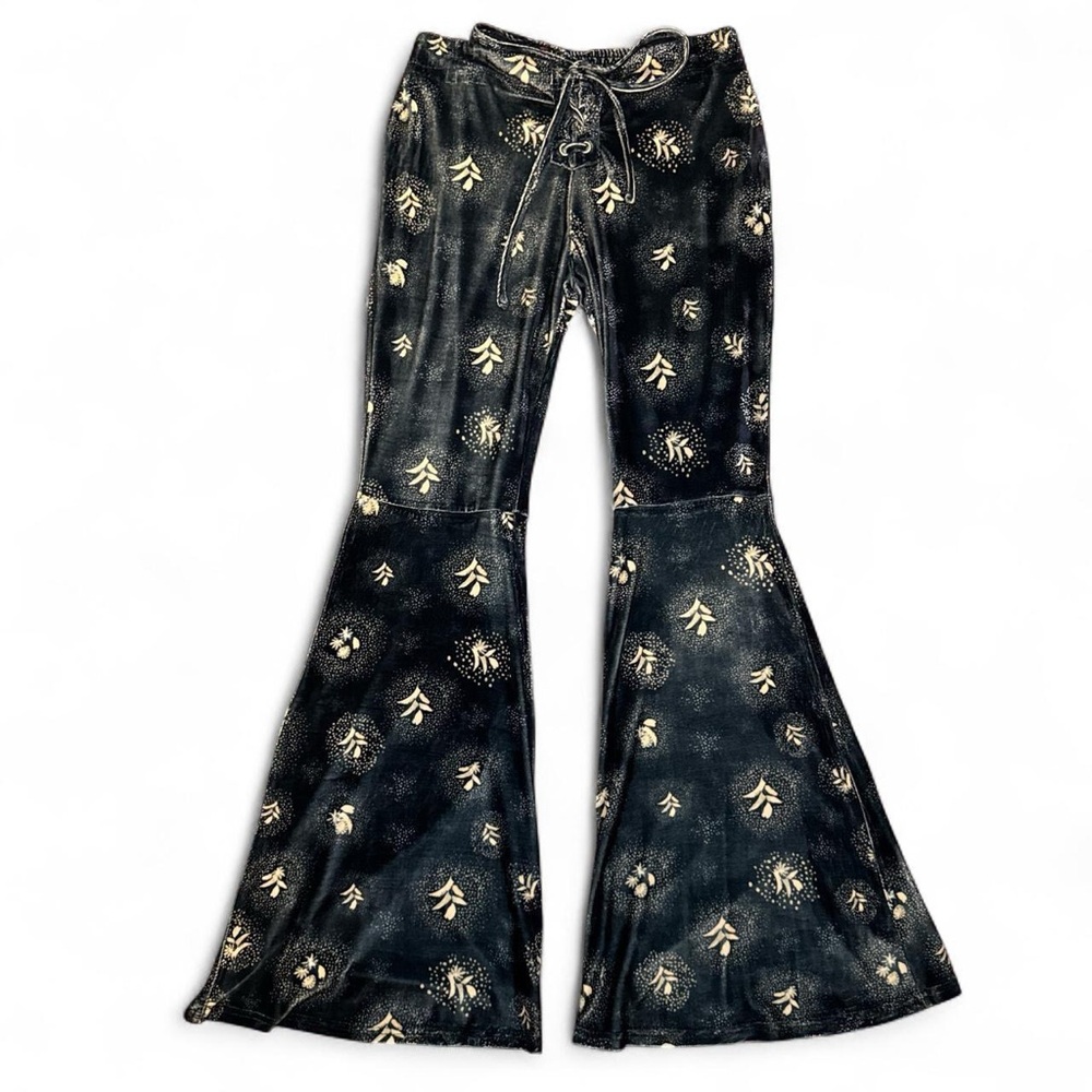 NWT Somedays Lovin Glitter Skies Blue Velvet Lace Up Flare Bell Bottoms — SMALL